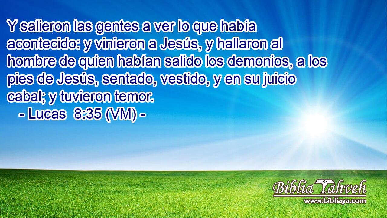 Y salieron las gentes a ver lo que había acontecido: y vinieron a Jesús, y hallaron al hombre de quien habían salido los demonios, a los pies de Jesús, sentado, vestido, y en su juicio cabal; y tuvieron temor. 