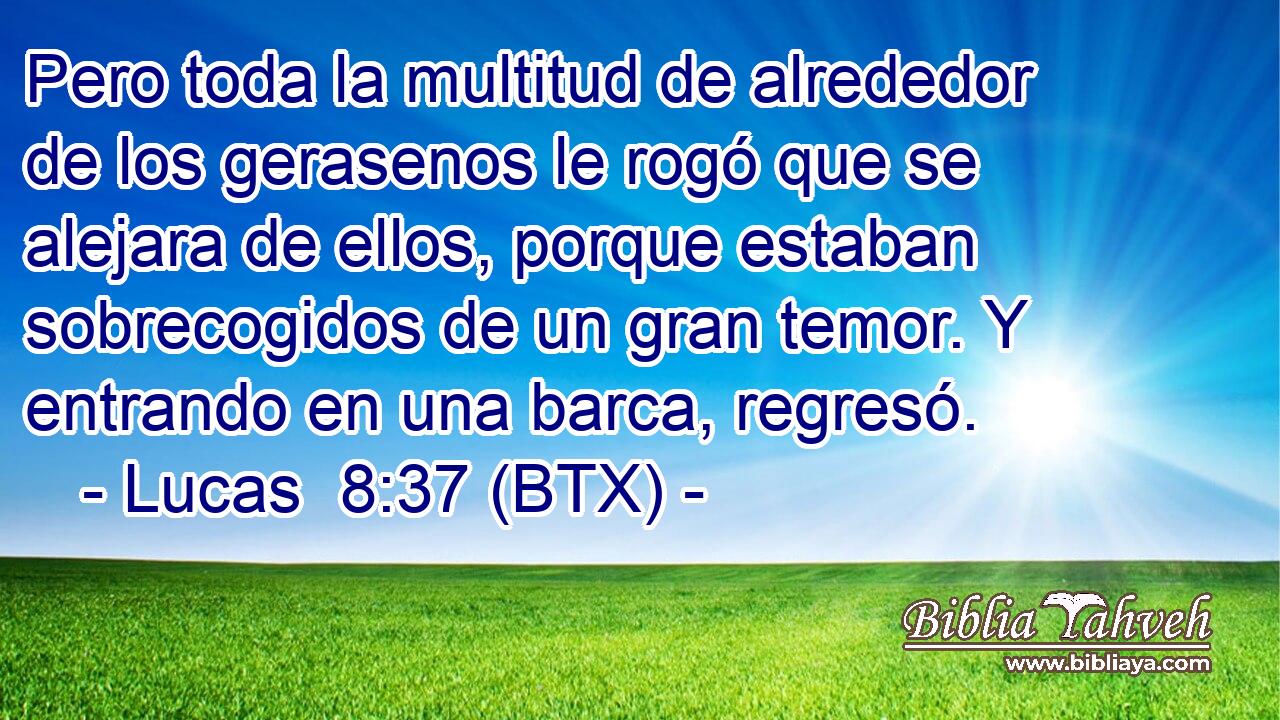 Pero toda la multitud de alrededor de los gerasenos le rogó que se alejara de ellos, porque estaban sobrecogidos de un gran temor. Y entrando en una barca, regresó.