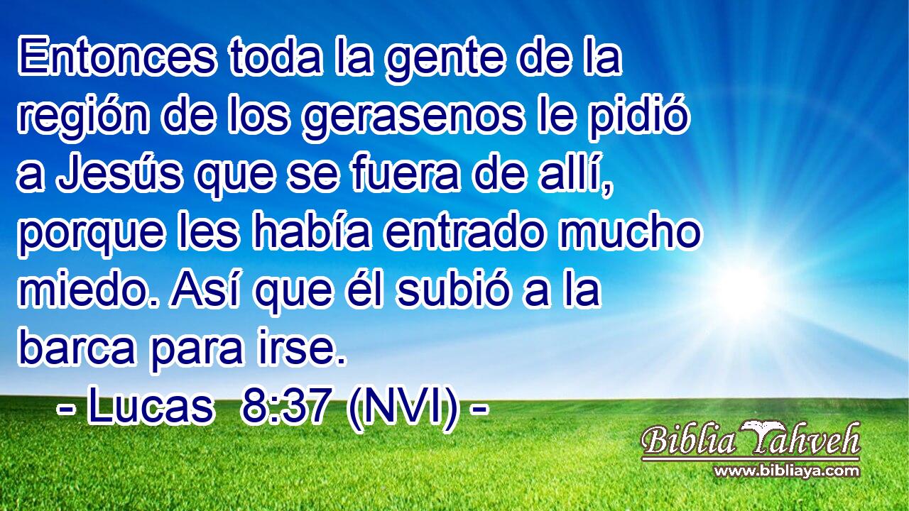  Entonces toda la gente de la región de los gerasenos le pidió a Jesús que se fuera de allí, porque les había entrado mucho miedo. Así que él subió a la barca para irse. 