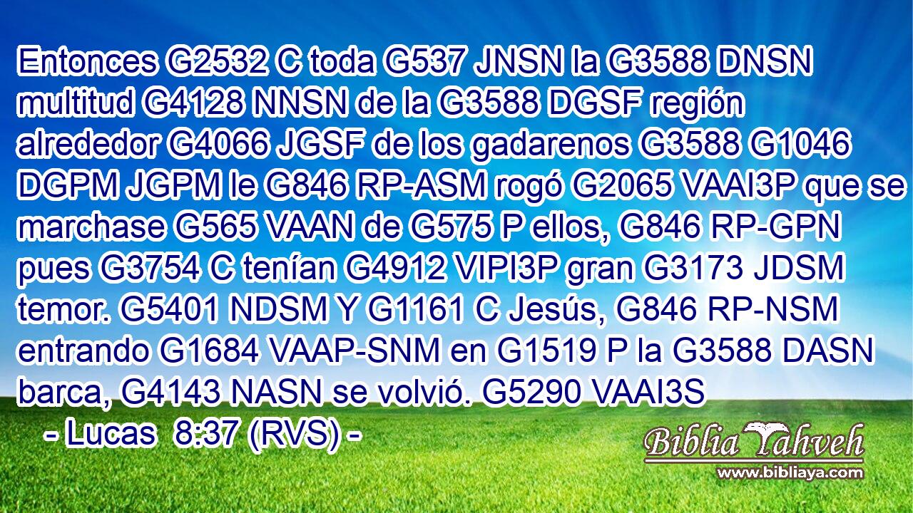 Entonces G2532 C toda G537 JNSN la G3588 DNSN multitud G4128 NNSN de la G3588 DGSF región alrededor G4066 JGSF de los gadarenos G3588 G1046 DGPM JGPM le G846 RP-ASM rogó G2065 VAAI3P que se marchase G565 VAAN de G575 P ellos, G846 RP-GPN pues G3754 C tenían G4912 VIPI3P gran G3173 JDSM temor. G5401 NDSM Y G1161 C Jesús, G846 RP-NSM entrando G1684 VAAP-SNM en G1519 P la G3588 DASN barca, G4143 NASN se volvió. G5290 VAAI3S 