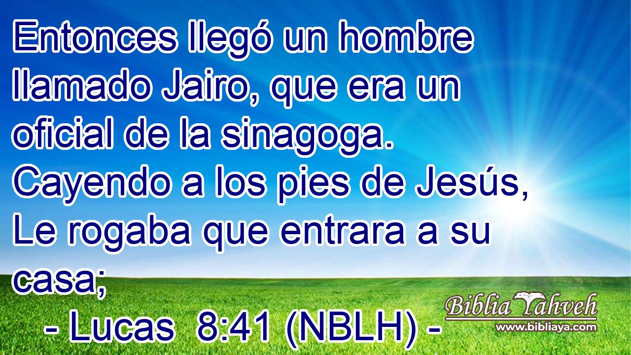  Entonces llegó un hombre llamado Jairo, que era un oficial de la sinagoga. Cayendo a los pies de Jesús, Le rogaba que entrara a su casa; 