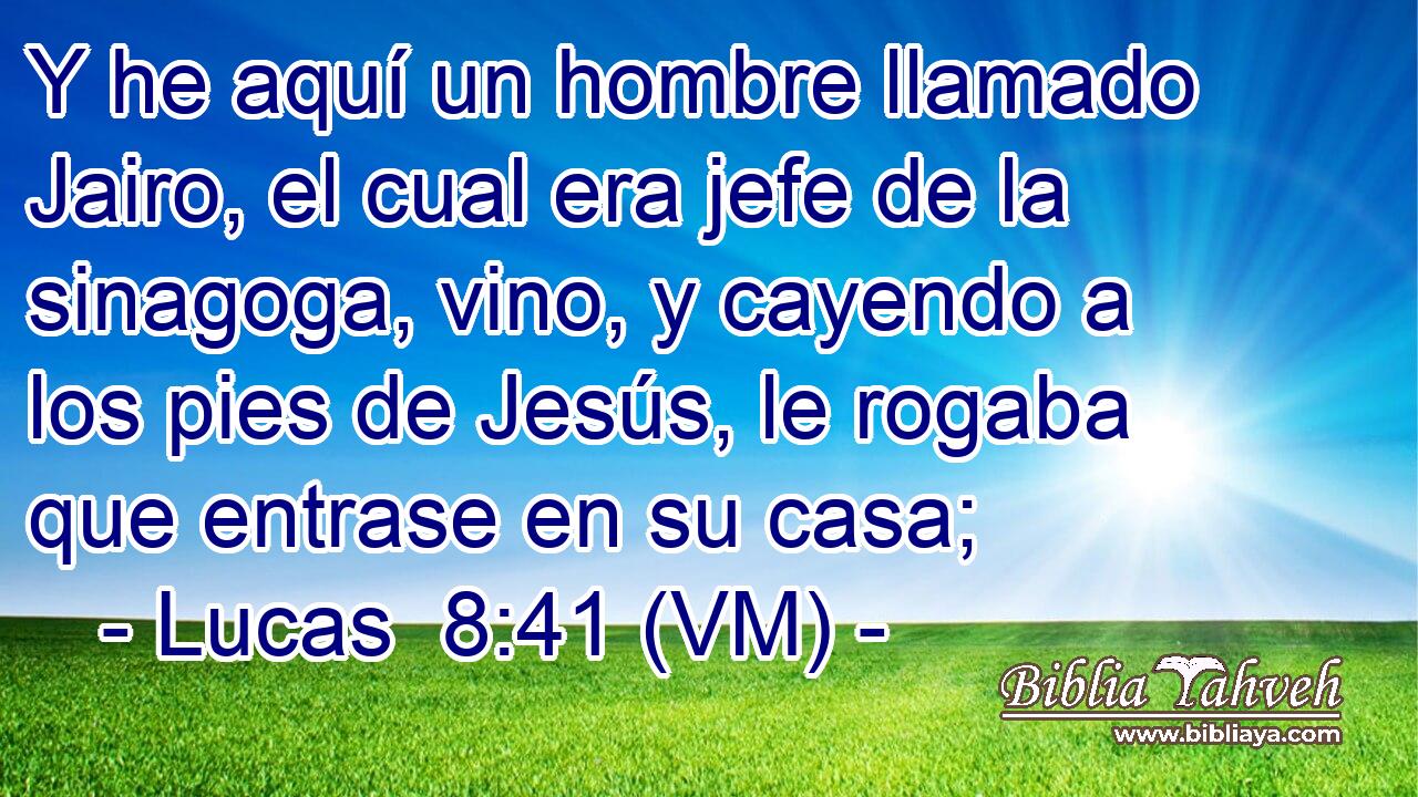  Y he aquí un hombre llamado Jairo, el cual era jefe de la sinagoga, vino, y cayendo a los pies de Jesús, le rogaba que entrase en su casa; 