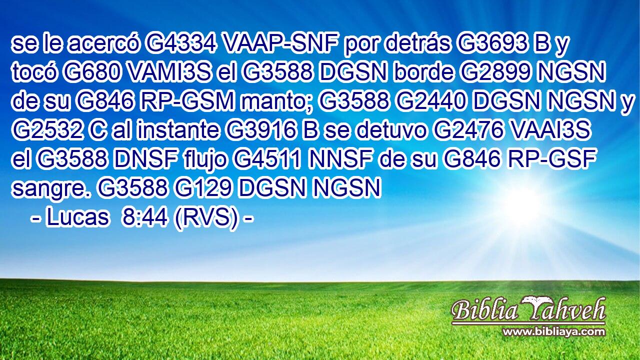se le acercó G4334 VAAP-SNF por detrás G3693 B y tocó G680 VAMI3S el G3588 DGSN borde G2899 NGSN de su G846 RP-GSM manto; G3588 G2440 DGSN NGSN y G2532 C al instante G3916 B se detuvo G2476 VAAI3S el G3588 DNSF flujo G4511 NNSF de su G846 RP-GSF sangre. G3588 G129 DGSN NGSN 