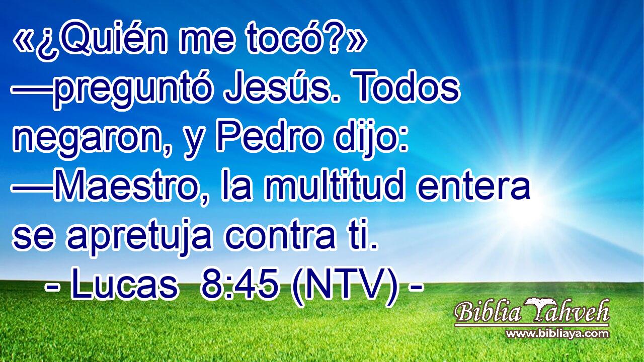 «¿Quién me tocó?» —preguntó Jesús. Todos negaron, y Pedro dijo: —Maestro, la multitud entera se apretuja contra ti.