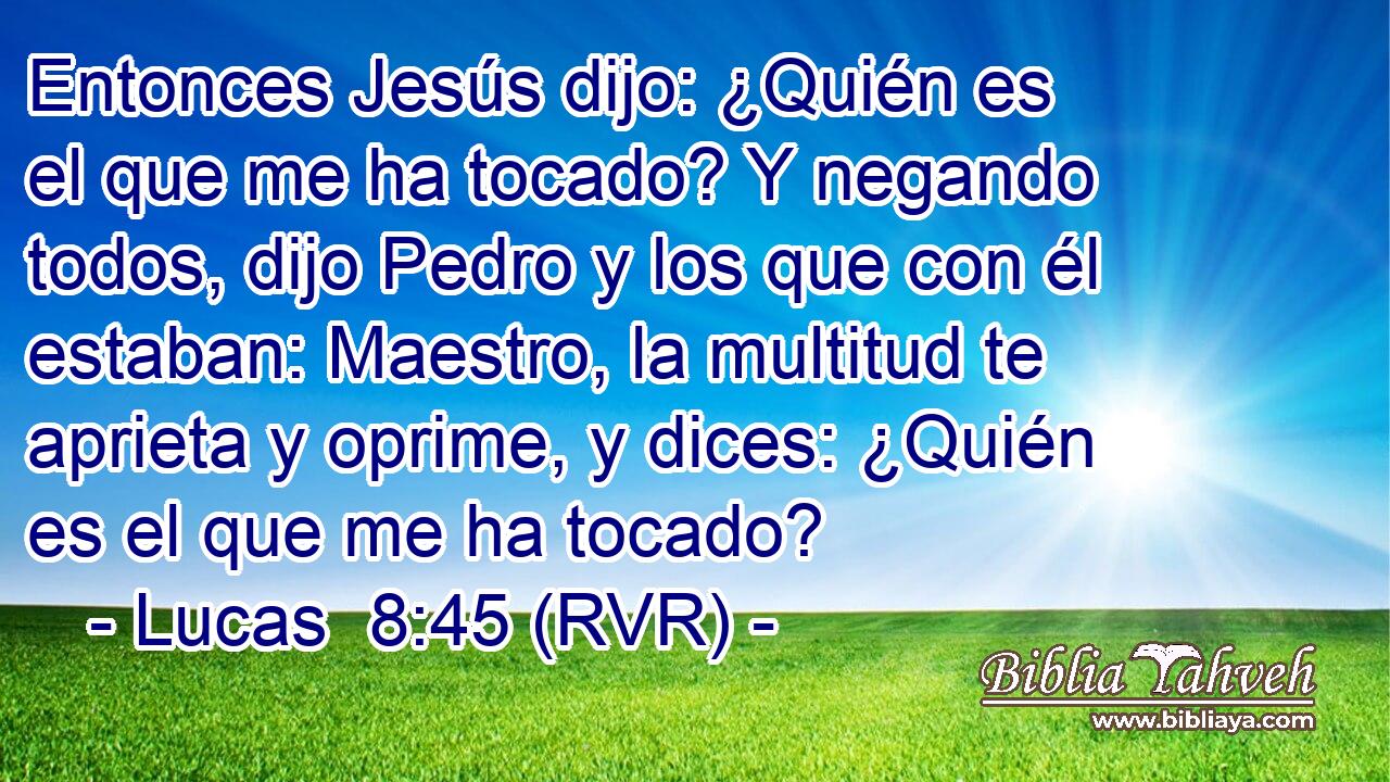 Entonces Jesús dijo: ¿Quién es el que me ha tocado? Y negando todos, dijo Pedro y los que con él estaban: Maestro, la multitud te aprieta y oprime, y dices: ¿Quién es el que me ha tocado?
