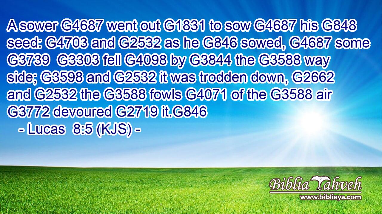 A sower G4687 went out G1831 to sow G4687 his G848 seed: G4703 and G2532 as he G846 sowed, G4687 some G3739  G3303 fell G4098 by G3844 the G3588 way side; G3598 and G2532 it was trodden down, G2662 and G2532 the G3588 fowls G4071 of the G3588 air G3772 devoured G2719 it.G846