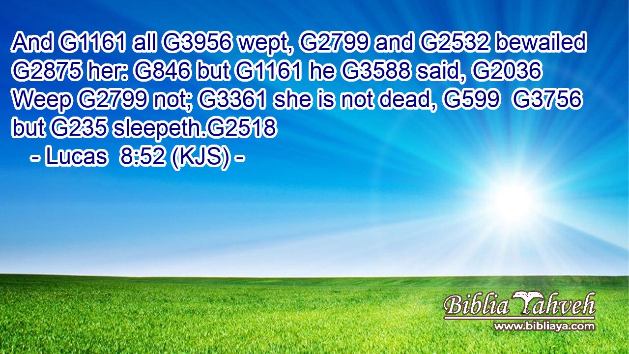 And G1161 all G3956 wept, G2799 and G2532 bewailed G2875 her: G846 but G1161 he G3588 said, G2036 Weep G2799 not; G3361 she is not dead, G599  G3756 but G235 sleepeth.G2518