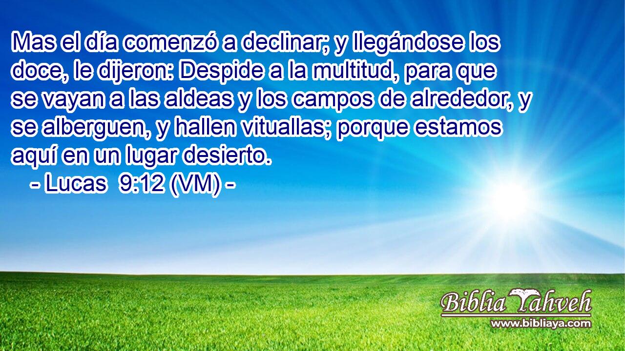  Mas el día comenzó a declinar; y llegándose los doce, le dijeron: Despide a la multitud, para que se vayan a las aldeas y los campos de alrededor, y se alberguen, y hallen vituallas; porque estamos aquí en un lugar desierto. 