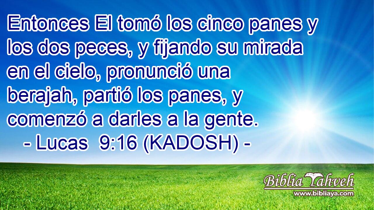  Entonces El tomó los cinco panes y los dos peces, y fijando su mirada en el cielo, pronunció una berajah, partió los panes, y comenzó a darles a la gente. 