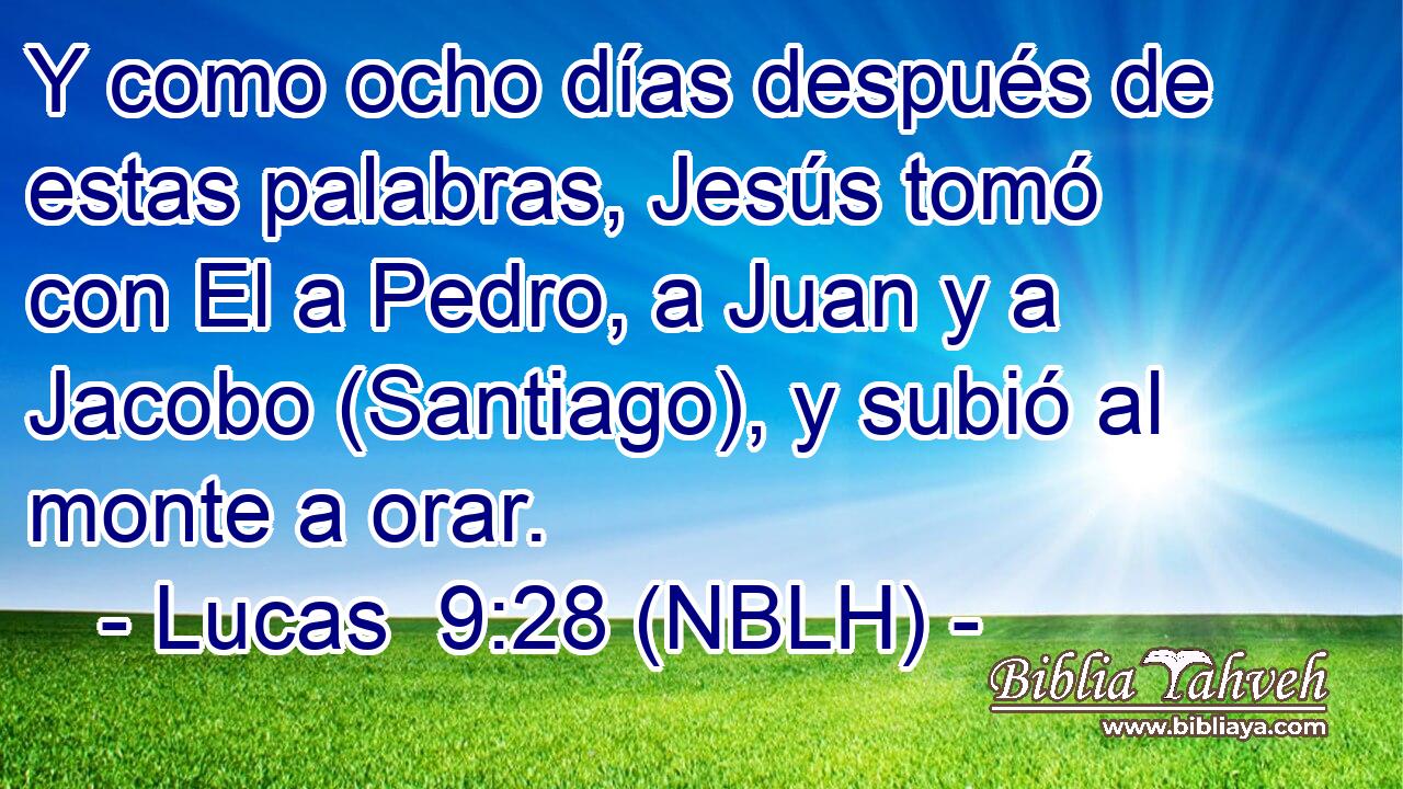  Y como ocho días después de estas palabras, Jesús tomó con El a Pedro, a Juan y a Jacobo (Santiago), y subió al monte a orar. 