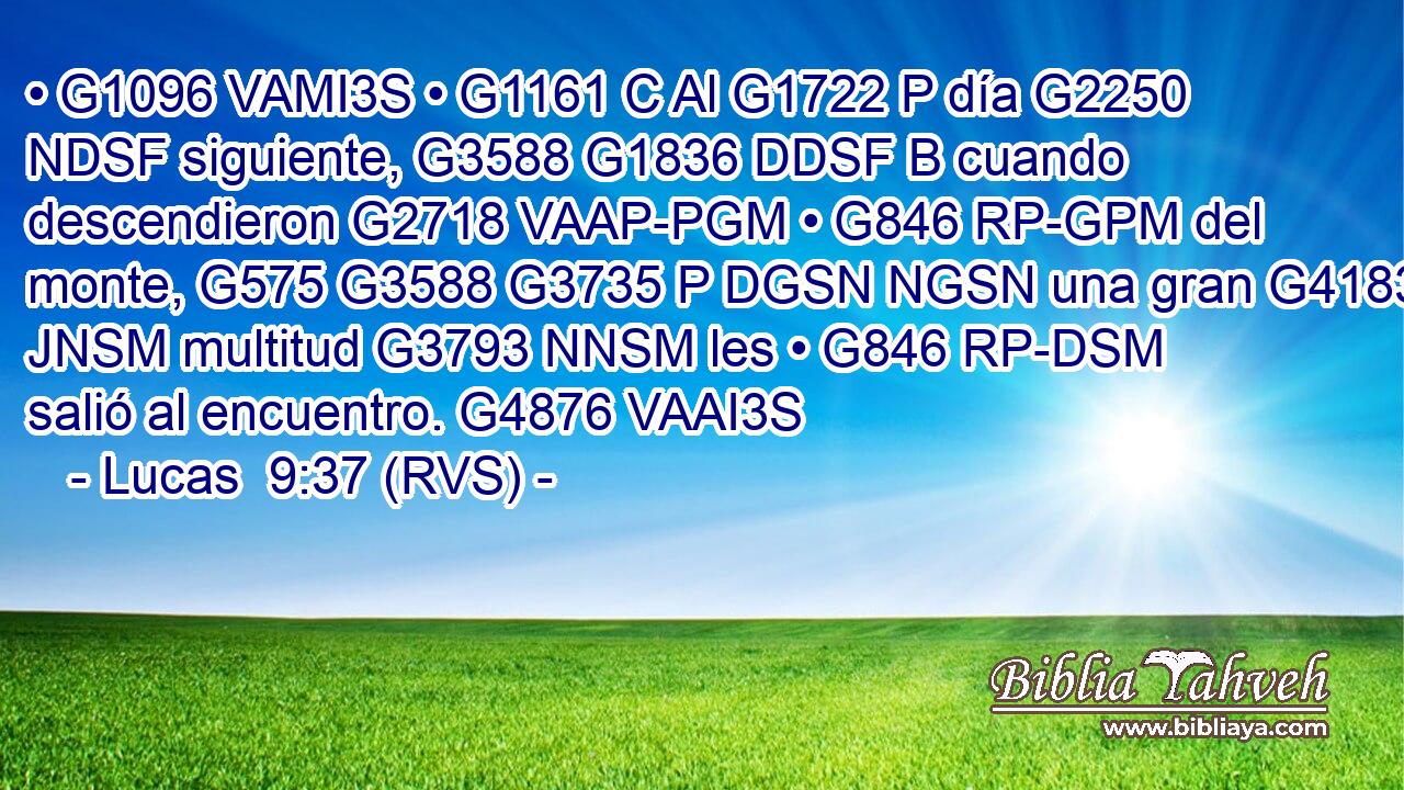 • G1096 VAMI3S • G1161 C Al G1722 P día G2250 NDSF siguiente, G3588 G1836 DDSF B cuando descendieron G2718 VAAP-PGM • G846 RP-GPM del monte, G575 G3588 G3735 P DGSN NGSN una gran G4183 JNSM multitud G3793 NNSM les • G846 RP-DSM salió al encuentro. G4876 VAAI3S 