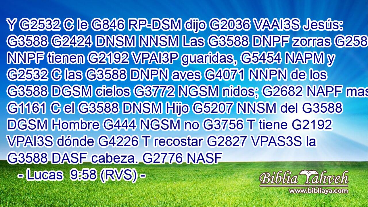 Y G2532 C le G846 RP-DSM dijo G2036 VAAI3S Jesús: G3588 G2424 DNSM NNSM Las G3588 DNPF zorras G258 NNPF tienen G2192 VPAI3P guaridas, G5454 NAPM y G2532 C las G3588 DNPN aves G4071 NNPN de los G3588 DGSM cielos G3772 NGSM nidos; G2682 NAPF mas G1161 C el G3588 DNSM Hijo G5207 NNSM del G3588 DGSM Hombre G444 NGSM no G3756 T tiene G2192 VPAI3S dónde G4226 T recostar G2827 VPAS3S la G3588 DASF cabeza. G2776 NASF 