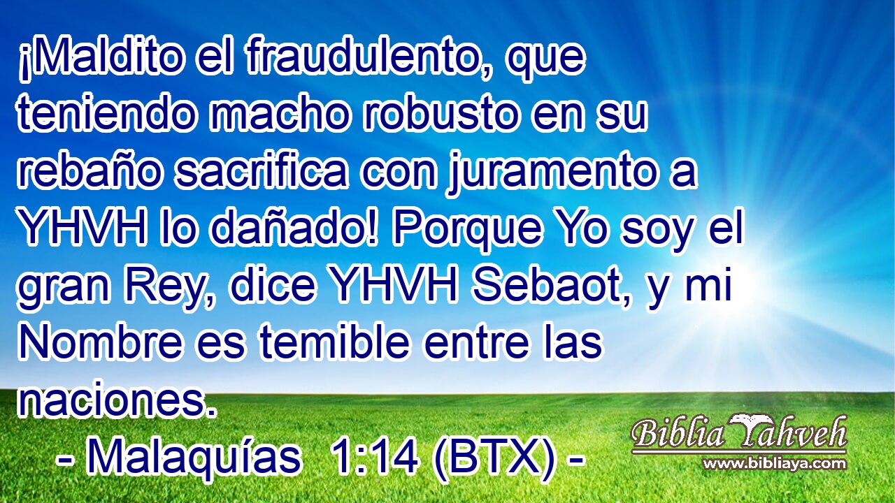 ¡Maldito el fraudulento, que teniendo macho robusto en su rebaño sacrifica con juramento a YHVH lo dañado! Porque Yo soy el gran Rey, dice YHVH Sebaot, y mi Nombre es temible entre las naciones.