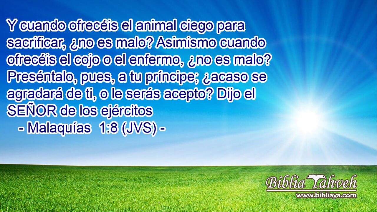 Y cuando ofrecéis el animal ciego para sacrificar, ¿no es malo? Asimismo cuando ofrecéis el cojo o el enfermo, ¿no es malo? Preséntalo, pues, a tu príncipe; ¿acaso se agradará de ti, o le serás acepto? Dijo el SEÑOR de los ejércitos