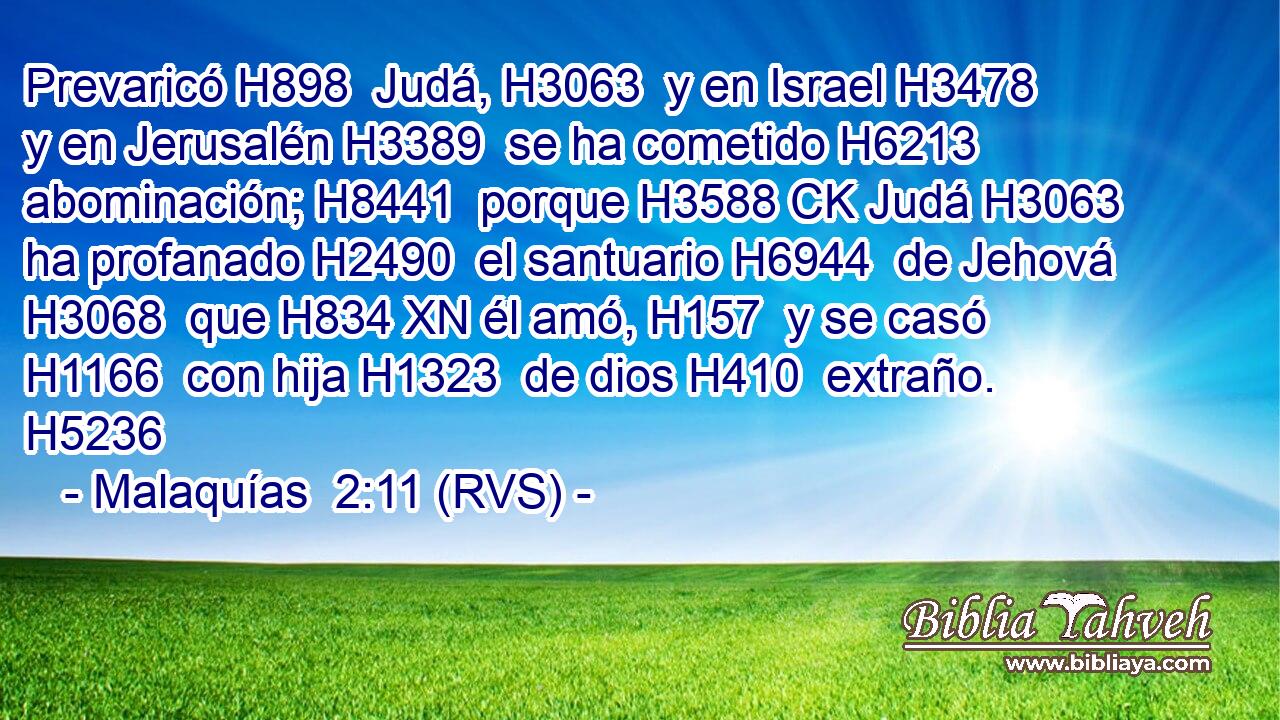 Prevaricó H898  Judá, H3063  y en Israel H3478  y en Jerusalén H3389  se ha cometido H6213  abominación; H8441  porque H3588 CK Judá H3063  ha profanado H2490  el santuario H6944  de Jehová H3068  que H834 XN él amó, H157  y se casó H1166  con hija H1323  de dios H410  extraño. H5236  