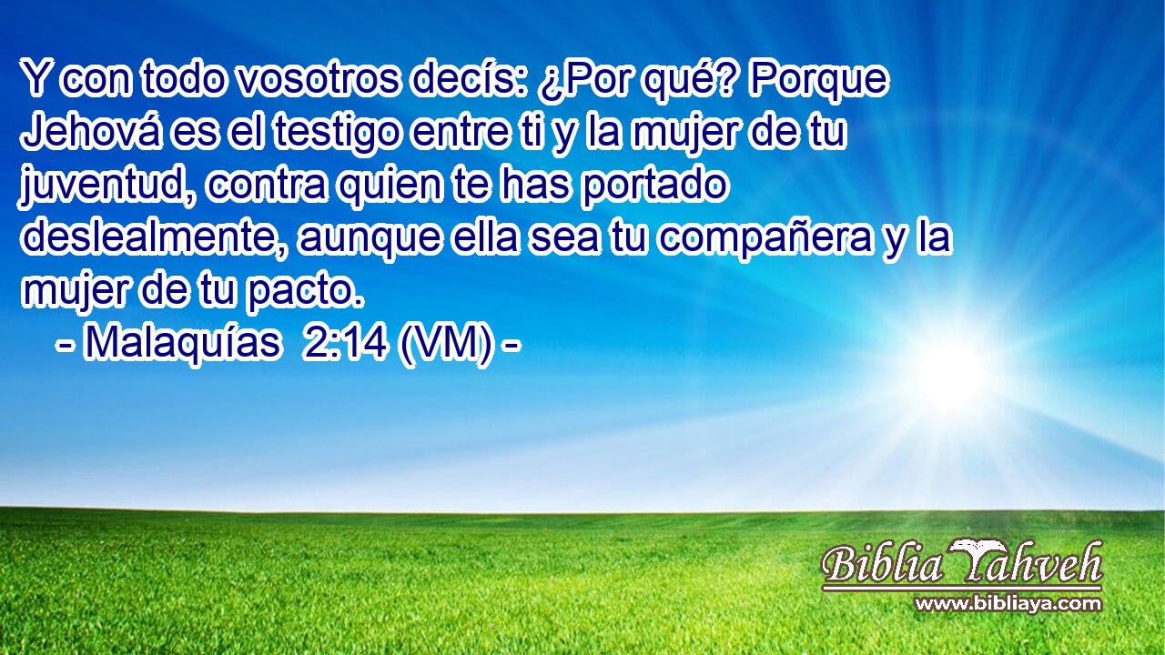  Y con todo vosotros decís: ¿Por qué? Porque Jehová es el testigo entre ti y la mujer de tu juventud, contra quien te has portado deslealmente, aunque ella sea tu compañera y la mujer de tu pacto. 