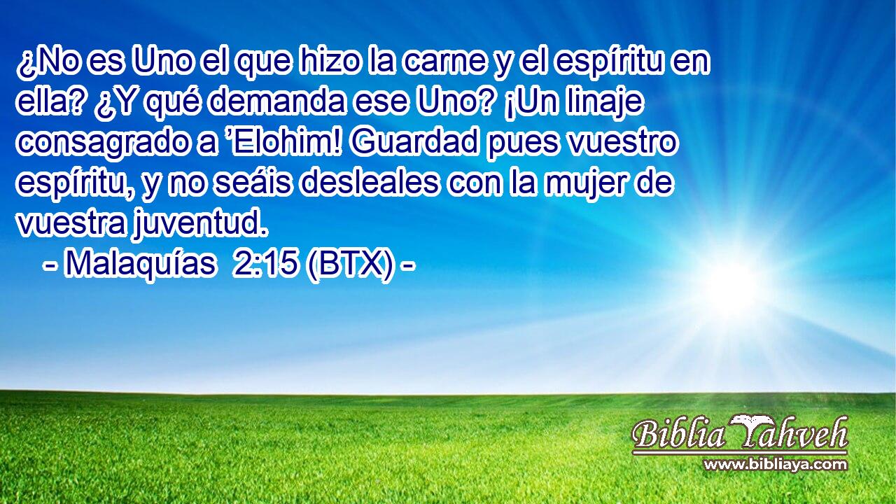 ¿No es Uno el que hizo la carne y el espíritu en ella? ¿Y qué demanda ese Uno? ¡Un linaje consagrado a ’Elohim! Guardad pues vuestro espíritu, y no seáis desleales con la mujer de vuestra juventud.
