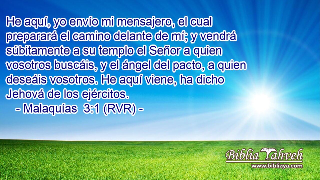 He aquí, yo envío mi mensajero, el cual preparará el camino delante de mí; y vendrá súbitamente a su templo el Señor a quien vosotros buscáis, y el ángel del pacto, a quien deseáis vosotros. He aquí viene, ha dicho Jehová de los ejércitos.