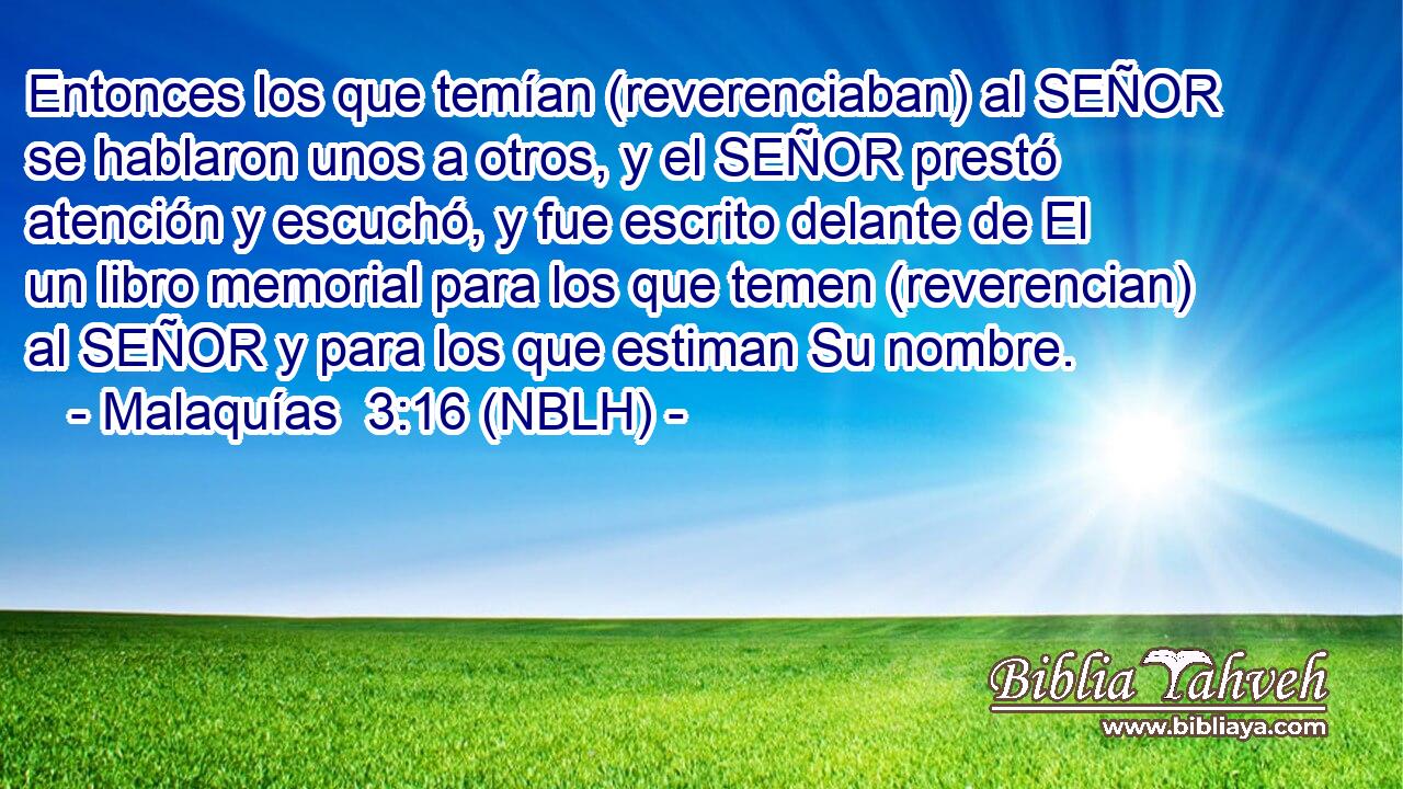  Entonces los que temían (reverenciaban) al SEÑOR se hablaron unos a otros, y el SEÑOR prestó atención y escuchó, y fue escrito delante de El un libro memorial para los que temen (reverencian) al SEÑOR y para los que estiman Su nombre. 