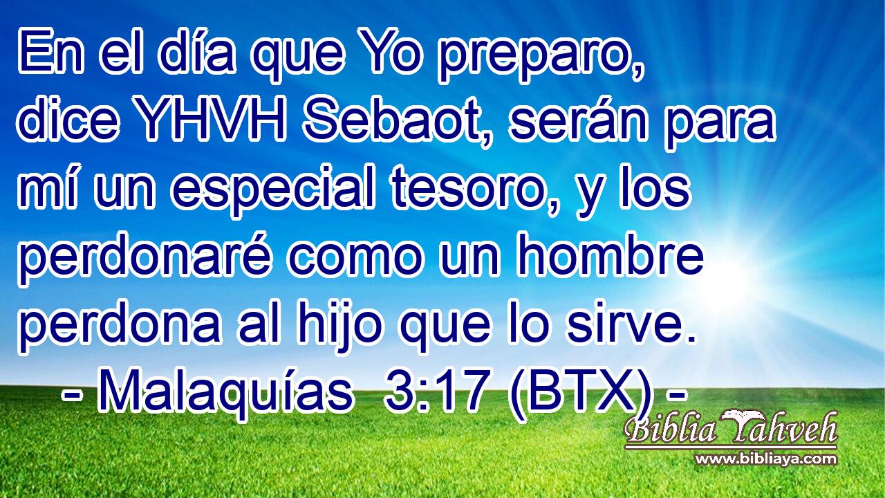 En el día que Yo preparo, dice YHVH Sebaot, serán para mí un especial tesoro, y los perdonaré como un hombre perdona al hijo que lo sirve.