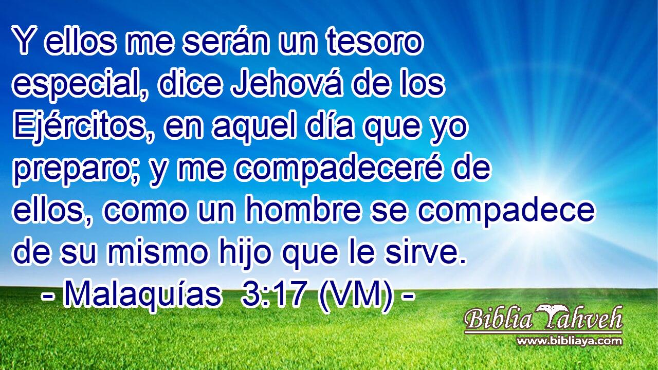  Y ellos me serán un tesoro especial, dice Jehová de los Ejércitos, en aquel día que yo preparo; y me compadeceré de ellos, como un hombre se compadece de su mismo hijo que le sirve. 