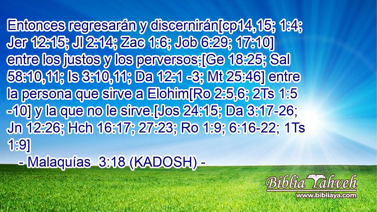  Entonces regresarán y discernirán[cp14,15; 1:4; Jer 12:15; Jl 2:14; Zac 1:6; Job 6:29; 17:10] entre los justos y los perversos;[Ge 18:25; Sal 58:10,11; Is 3:10,11; Da 12:1 -3; Mt 25:46] entre la persona que sirve a Elohim[Ro 2:5,6; 2Ts 1:5 -10] y la que no le sirve.[Jos 24:15; Da 3:17-26; Jn 12:26; Hch 16:17; 27:23; Ro 1:9; 6:16-22; 1Ts 1:9] 