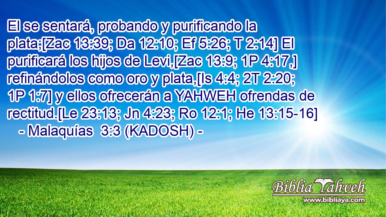  El se sentará, probando y purificando la plata;[Zac 13:39; Da 12:10; Ef 5:26; T 2:14] El purificará los hijos de Levi,[Zac 13:9; 1P 4:17,] refinándolos como oro y plata,[Is 4:4; 2T 2:20; 1P 1:7] y ellos ofrecerán a YAHWEH ofrendas de rectitud.[Le 23:13; Jn 4:23; Ro 12:1; He 13:15-16] 