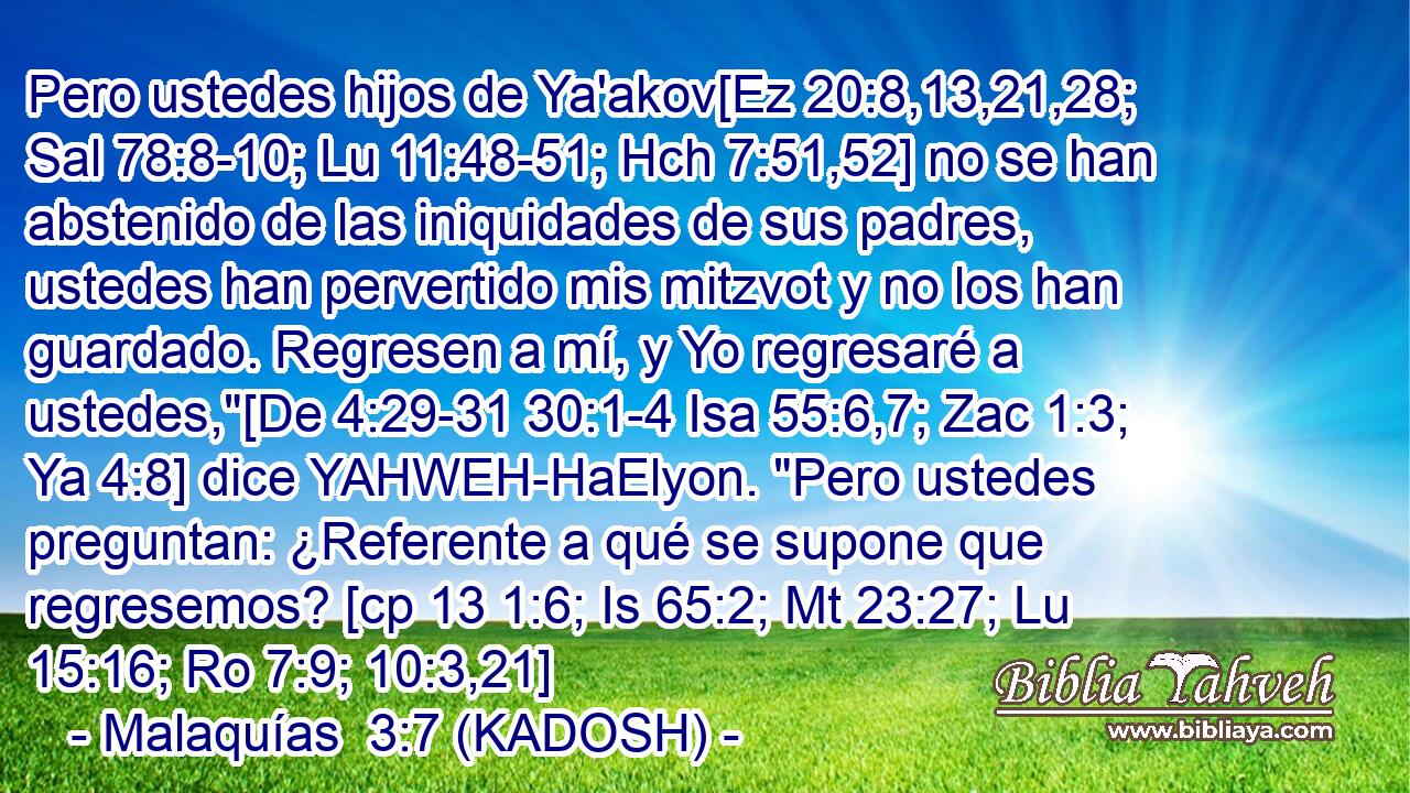  Pero ustedes hijos de Ya'akov[Ez 20:8,13,21,28; Sal 78:8-10; Lu 11:48-51; Hch 7:51,52] no se han abstenido de las iniquidades de sus padres, ustedes han pervertido mis mitzvot y no los han guardado. Regresen a mí, y Yo regresaré a ustedes,