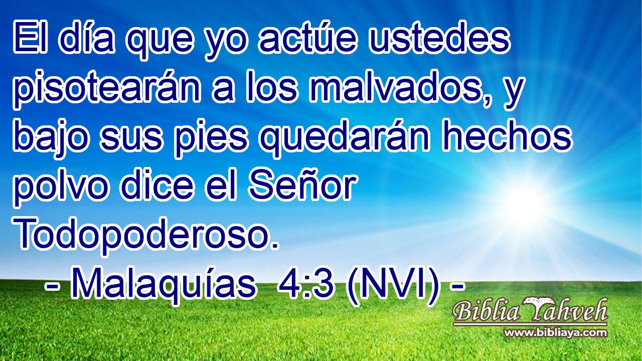  El día que yo actúe ustedes pisotearán a los malvados, y bajo sus pies quedarán hechos polvo dice el Señor Todopoderoso. 
