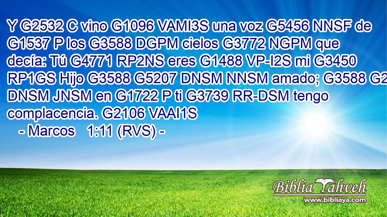 Y G2532 C vino G1096 VAMI3S una voz G5456 NNSF de G1537 P los G3588 DGPM cielos G3772 NGPM que decía: Tú G4771 RP2NS eres G1488 VP-I2S mi G3450 RP1GS Hijo G3588 G5207 DNSM NNSM amado; G3588 G27 DNSM JNSM en G1722 P ti G3739 RR-DSM tengo complacencia. G2106 VAAI1S 