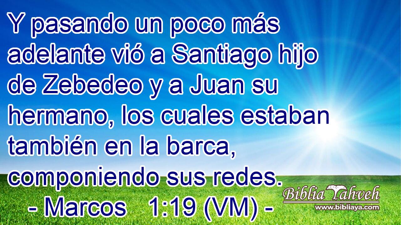  Y pasando un poco más adelante vió a Santiago hijo de Zebedeo y a Juan su hermano, los cuales estaban también en la barca, componiendo sus redes. 