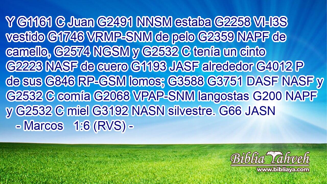 Y G1161 C Juan G2491 NNSM estaba G2258 VI-I3S vestido G1746 VRMP-SNM de pelo G2359 NAPF de camello, G2574 NGSM y G2532 C tenía un cinto G2223 NASF de cuero G1193 JASF alrededor G4012 P de sus G846 RP-GSM lomos; G3588 G3751 DASF NASF y G2532 C comía G2068 VPAP-SNM langostas G200 NAPF y G2532 C miel G3192 NASN silvestre. G66 JASN 