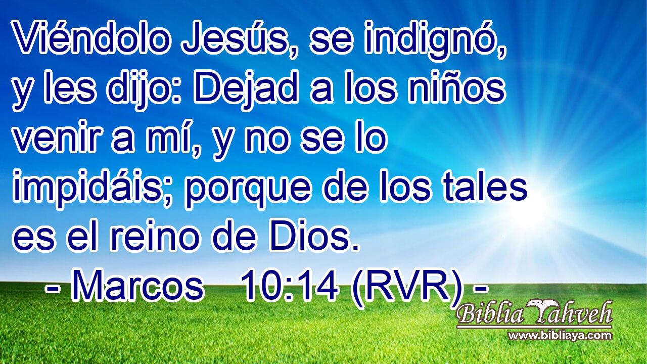 Viéndolo Jesús, se indignó, y les dijo: Dejad a los niños venir a mí, y no se lo impidáis; porque de los tales es el reino de Dios.