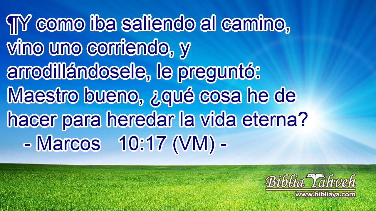  ¶Y como iba saliendo al camino, vino uno corriendo, y arrodillándosele, le preguntó: Maestro bueno, ¿qué cosa he de hacer para heredar la vida eterna? 