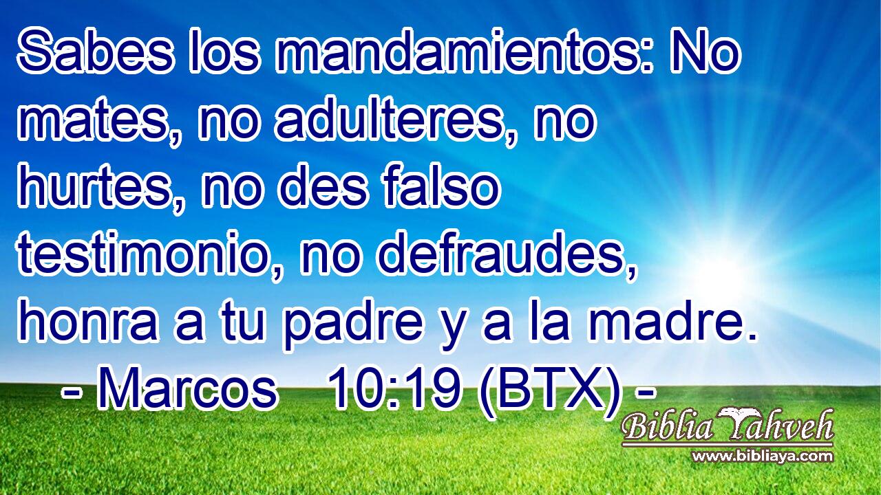 Sabes los mandamientos: No mates, no adulteres, no hurtes, no des falso testimonio, no defraudes, honra a tu padre y a la madre.