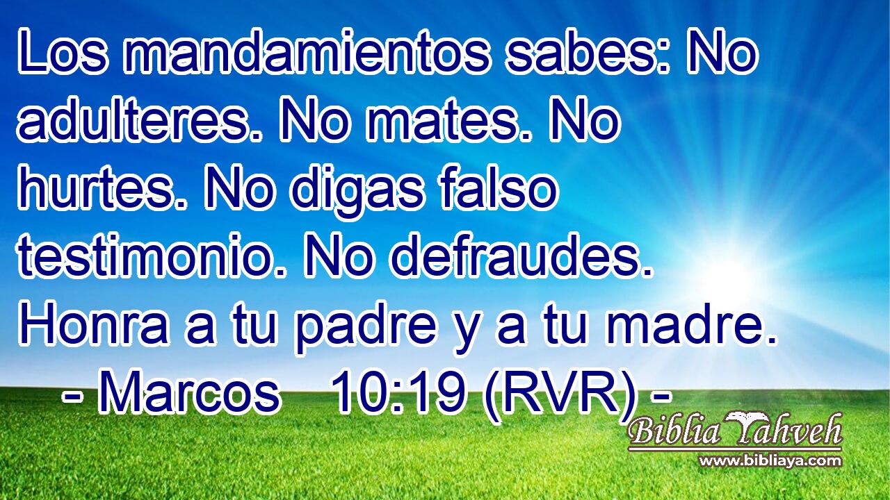 Los mandamientos sabes: No adulteres. No mates. No hurtes. No digas falso testimonio. No defraudes. Honra a tu padre y a tu madre.