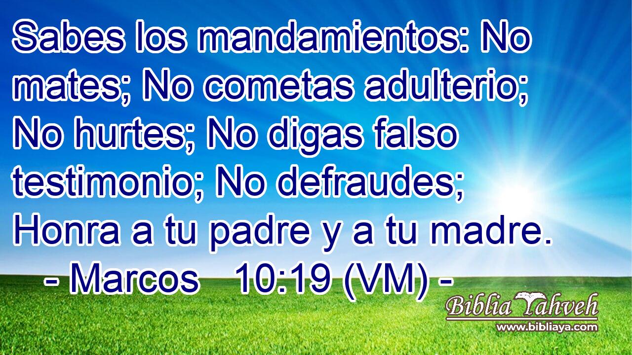  Sabes los mandamientos: No mates; No cometas adulterio; No hurtes; No digas falso testimonio; No defraudes; Honra a tu padre y a tu madre. 