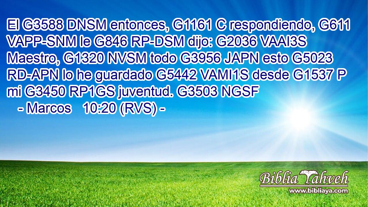 El G3588 DNSM entonces, G1161 C respondiendo, G611 VAPP-SNM le G846 RP-DSM dijo: G2036 VAAI3S Maestro, G1320 NVSM todo G3956 JAPN esto G5023 RD-APN lo he guardado G5442 VAMI1S desde G1537 P mi G3450 RP1GS juventud. G3503 NGSF 