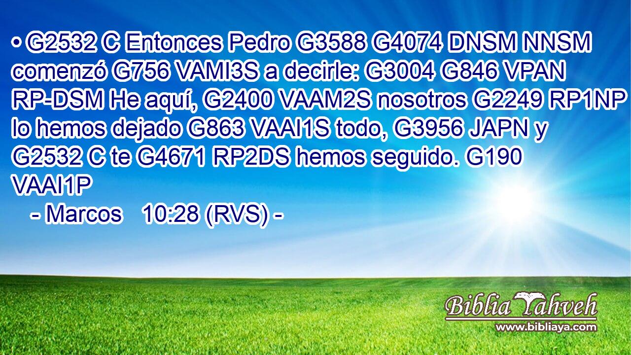 • G2532 C Entonces Pedro G3588 G4074 DNSM NNSM comenzó G756 VAMI3S a decirle: G3004 G846 VPAN RP-DSM He aquí, G2400 VAAM2S nosotros G2249 RP1NP lo hemos dejado G863 VAAI1S todo, G3956 JAPN y G2532 C te G4671 RP2DS hemos seguido. G190 VAAI1P 