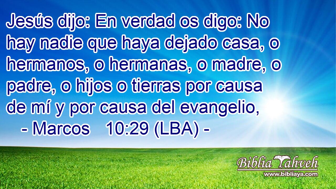 Jesús dijo: En verdad os digo: No hay nadie que haya dejado casa, o hermanos, o hermanas, o madre, o padre, o hijos o tierras por causa de mí y por causa del evangelio,
