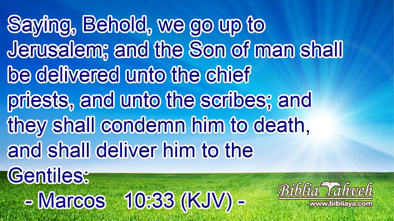 Saying, Behold, we go up to Jerusalem; and the Son of man shall be delivered unto the chief priests, and unto the scribes; and they shall condemn him to death, and shall deliver him to the Gentiles: