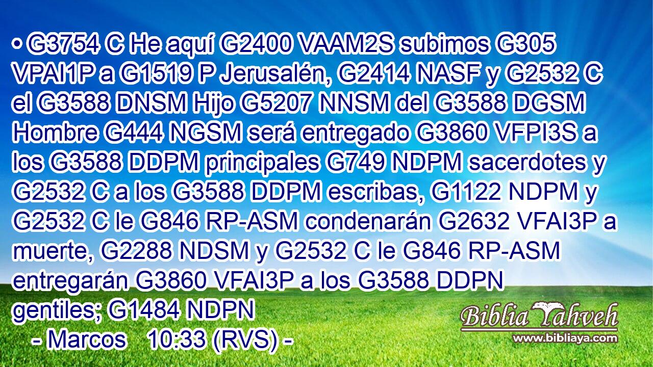 • G3754 C He aquí G2400 VAAM2S subimos G305 VPAI1P a G1519 P Jerusalén, G2414 NASF y G2532 C el G3588 DNSM Hijo G5207 NNSM del G3588 DGSM Hombre G444 NGSM será entregado G3860 VFPI3S a los G3588 DDPM principales G749 NDPM sacerdotes y G2532 C a los G3588 DDPM escribas, G1122 NDPM y G2532 C le G846 RP-ASM condenarán G2632 VFAI3P a muerte, G2288 NDSM y G2532 C le G846 RP-ASM entregarán G3860 VFAI3P a los G3588 DDPN gentiles; G1484 NDPN 