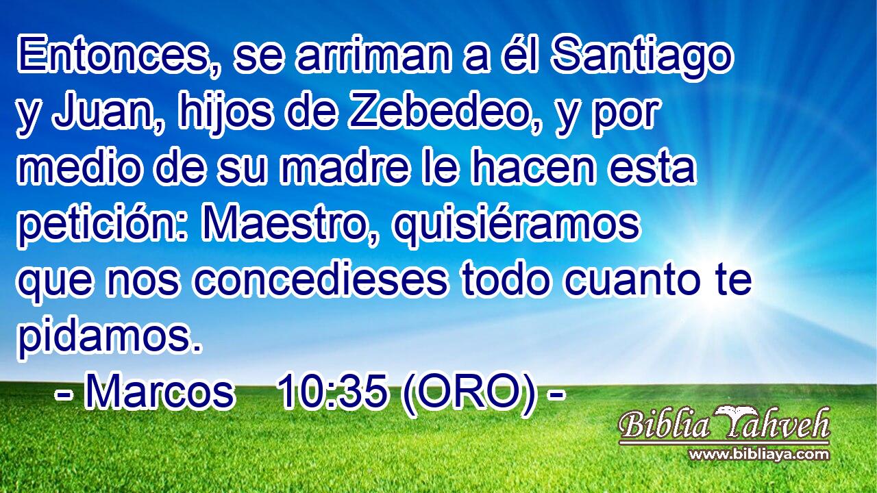  Entonces, se arriman a él Santiago y Juan, hijos de Zebedeo, y por medio de su madre le hacen esta petición: Maestro, quisiéramos que nos concedieses todo cuanto te pidamos. 