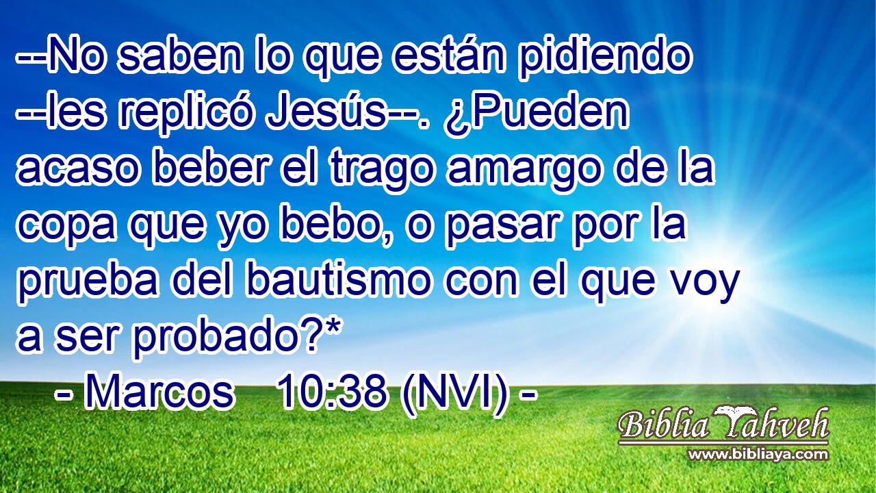  --No saben lo que están pidiendo --les replicó Jesús--. ¿Pueden acaso beber el trago amargo de la copa que yo bebo, o pasar por la prueba del bautismo con el que voy a ser probado?* 