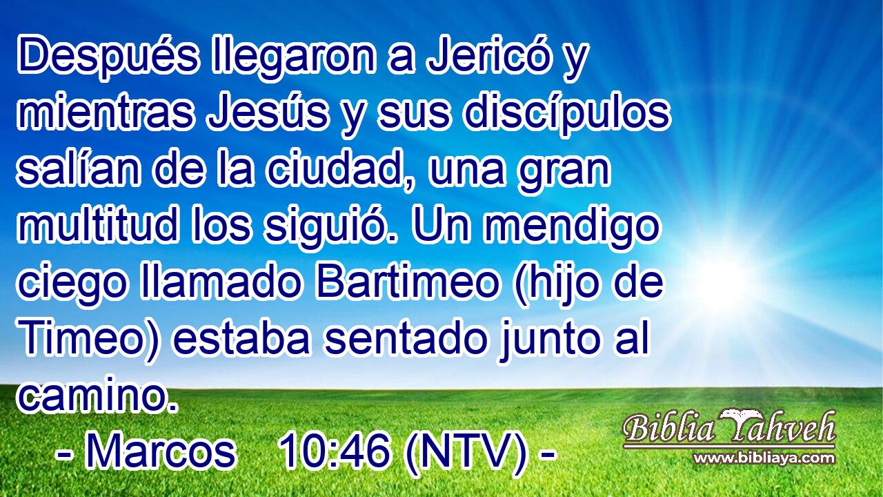 Después llegaron a Jericó y mientras Jesús y sus discípulos salían de la ciudad, una gran multitud los siguió. Un mendigo ciego llamado Bartimeo (hijo de Timeo) estaba sentado junto al camino.