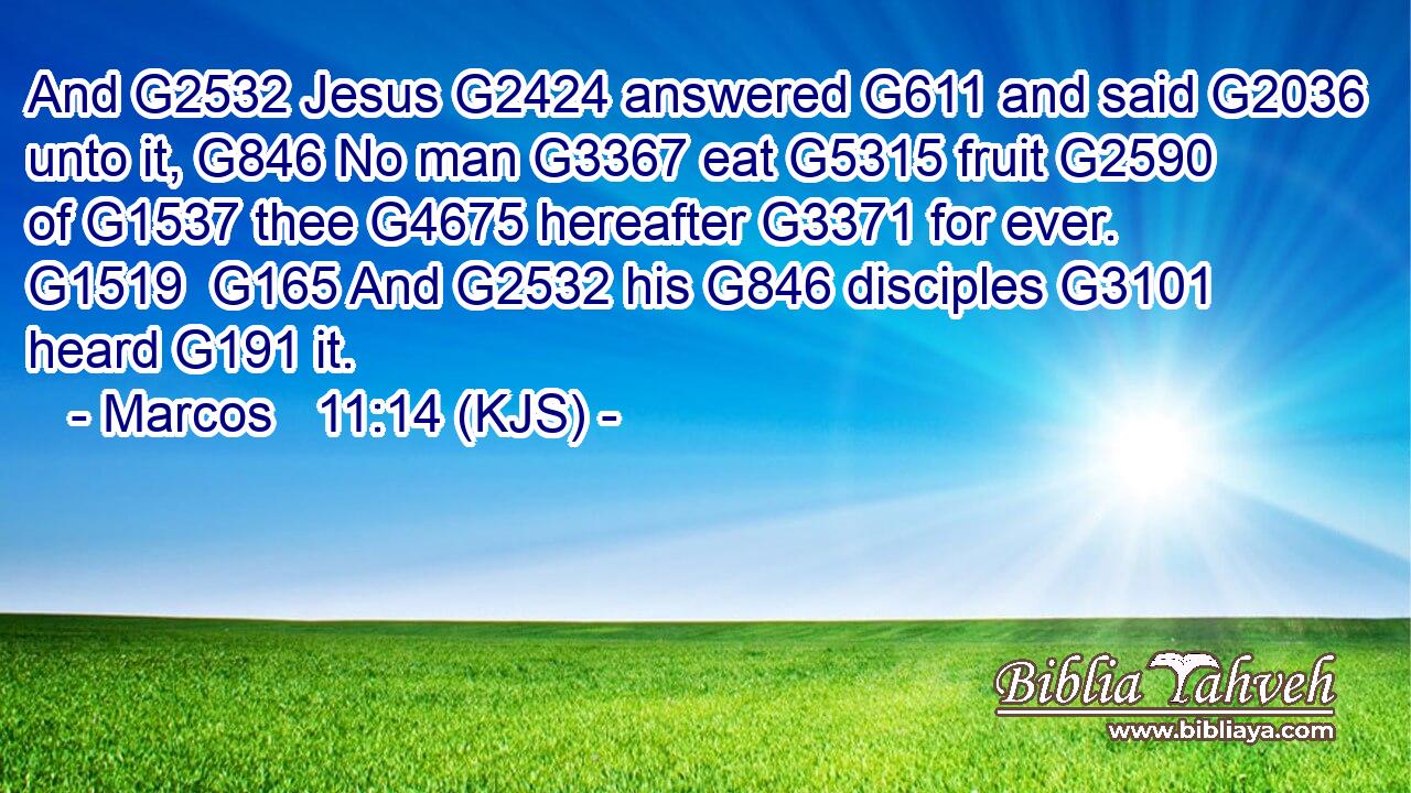 And G2532 Jesus G2424 answered G611 and said G2036 unto it, G846 No man G3367 eat G5315 fruit G2590 of G1537 thee G4675 hereafter G3371 for ever. G1519  G165 And G2532 his G846 disciples G3101 heard G191 it.