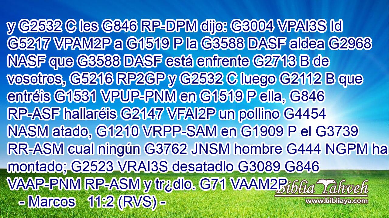 y G2532 C les G846 RP-DPM dijo: G3004 VPAI3S Id G5217 VPAM2P a G1519 P la G3588 DASF aldea G2968 NASF que G3588 DASF está enfrente G2713 B de vosotros, G5216 RP2GP y G2532 C luego G2112 B que entréis G1531 VPUP-PNM en G1519 P ella, G846 RP-ASF hallaréis G2147 VFAI2P un pollino G4454 NASM atado, G1210 VRPP-SAM en G1909 P el G3739 RR-ASM cual ningún G3762 JNSM hombre G444 NGPM ha montado; G2523 VRAI3S desatadlo G3089 G846 VAAP-PNM RP-ASM y tr¿dlo. G71 VAAM2P 