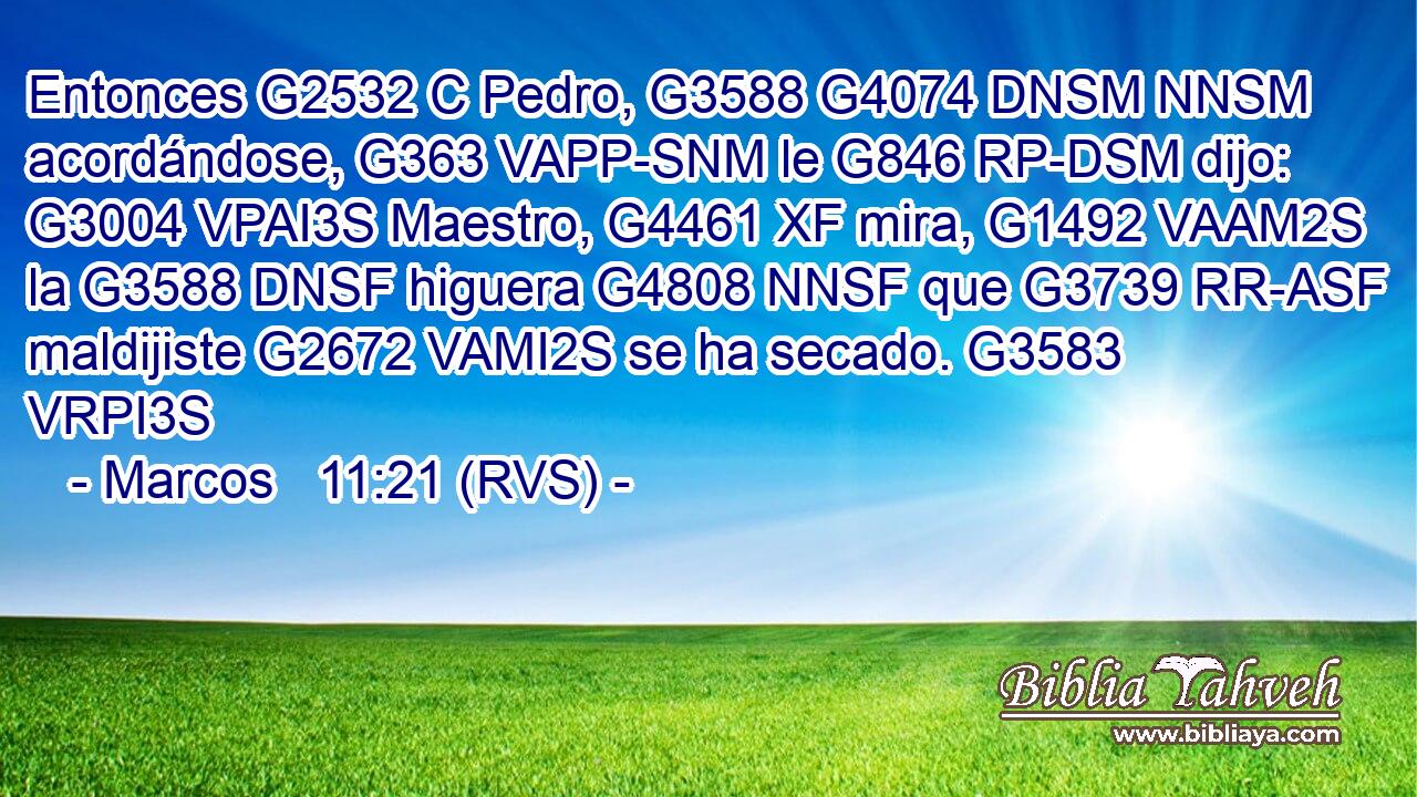 Entonces G2532 C Pedro, G3588 G4074 DNSM NNSM acordándose, G363 VAPP-SNM le G846 RP-DSM dijo: G3004 VPAI3S Maestro, G4461 XF mira, G1492 VAAM2S la G3588 DNSF higuera G4808 NNSF que G3739 RR-ASF maldijiste G2672 VAMI2S se ha secado. G3583 VRPI3S 