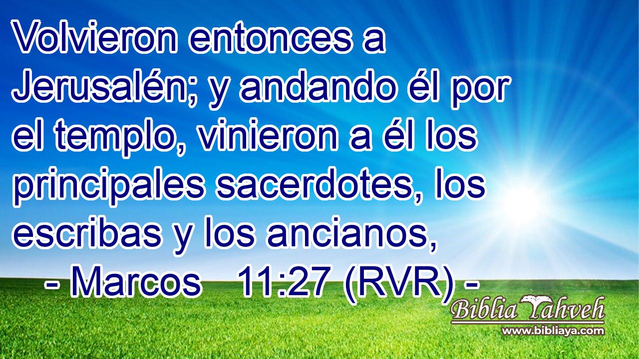 Volvieron entonces a Jerusalén; y andando él por el templo, vinieron a él los principales sacerdotes, los escribas y los ancianos,
