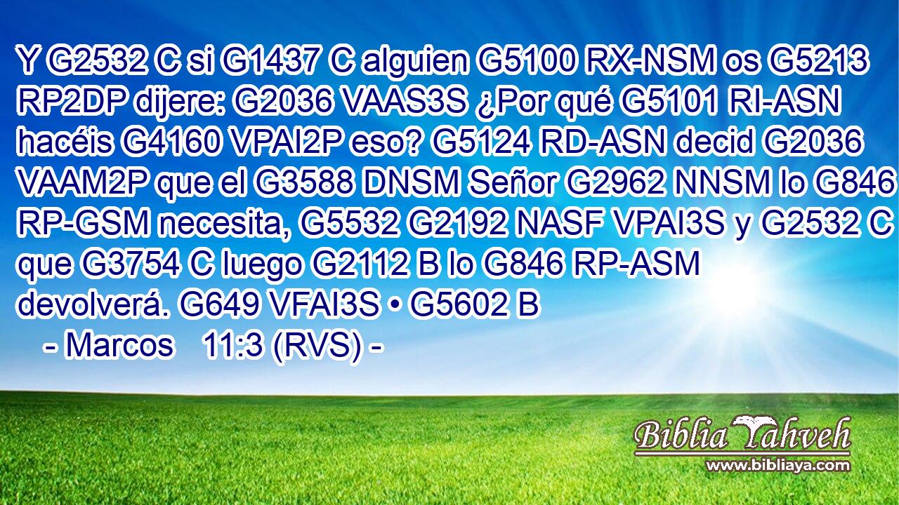 Y G2532 C si G1437 C alguien G5100 RX-NSM os G5213 RP2DP dijere: G2036 VAAS3S ¿Por qué G5101 RI-ASN hacéis G4160 VPAI2P eso? G5124 RD-ASN decid G2036 VAAM2P que el G3588 DNSM Señor G2962 NNSM lo G846 RP-GSM necesita, G5532 G2192 NASF VPAI3S y G2532 C que G3754 C luego G2112 B lo G846 RP-ASM devolverá. G649 VFAI3S • G5602 B 